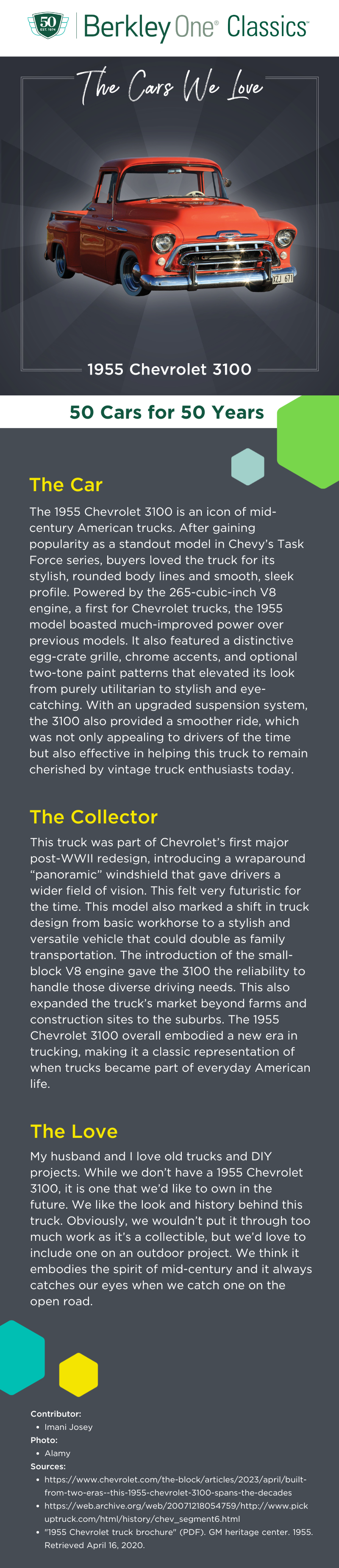 An infographic describing the Chevrolet 3100 and the reasons we love it. 